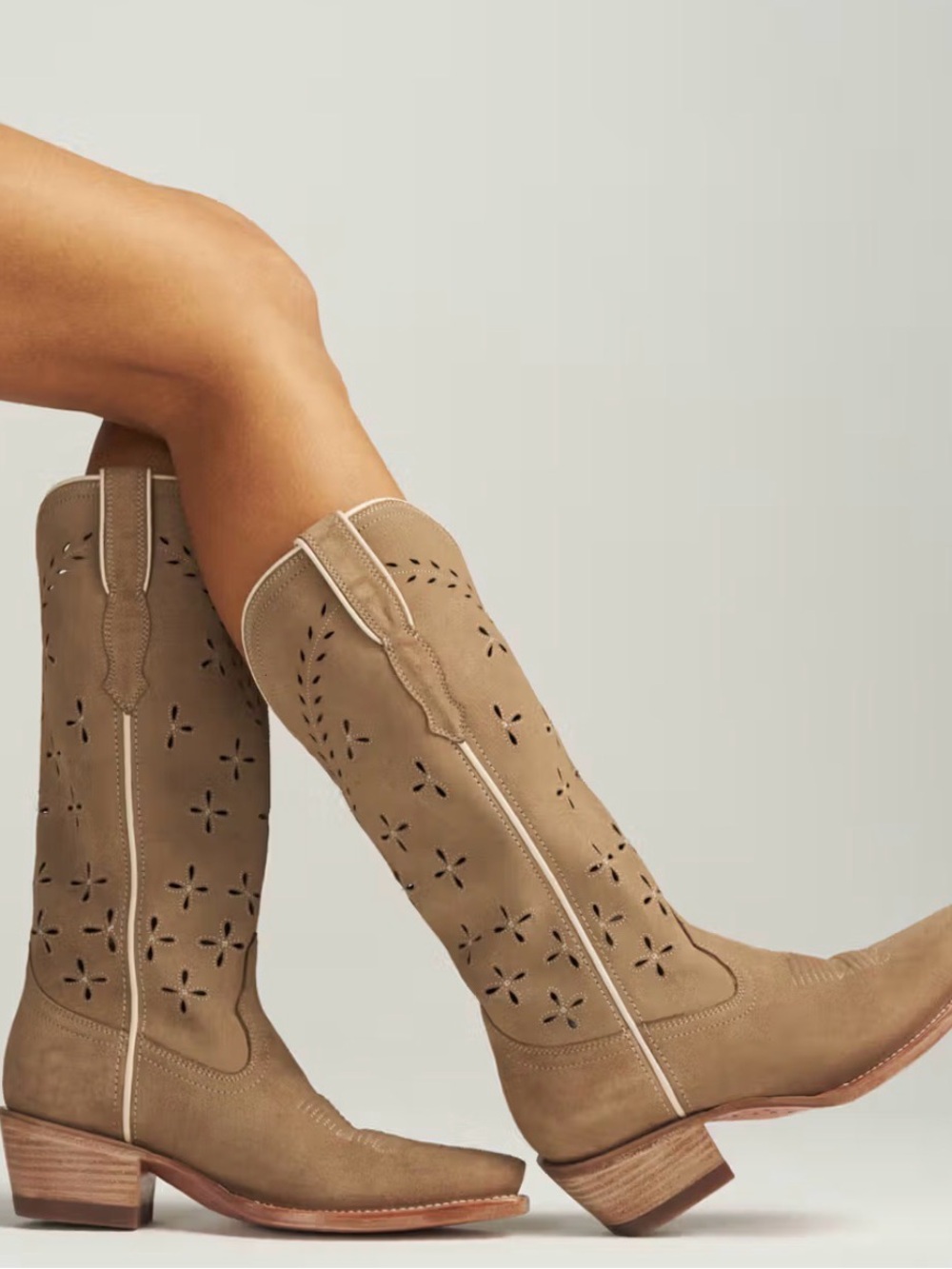 Tecovas Taupe Cutout Suede Western Knee Boots